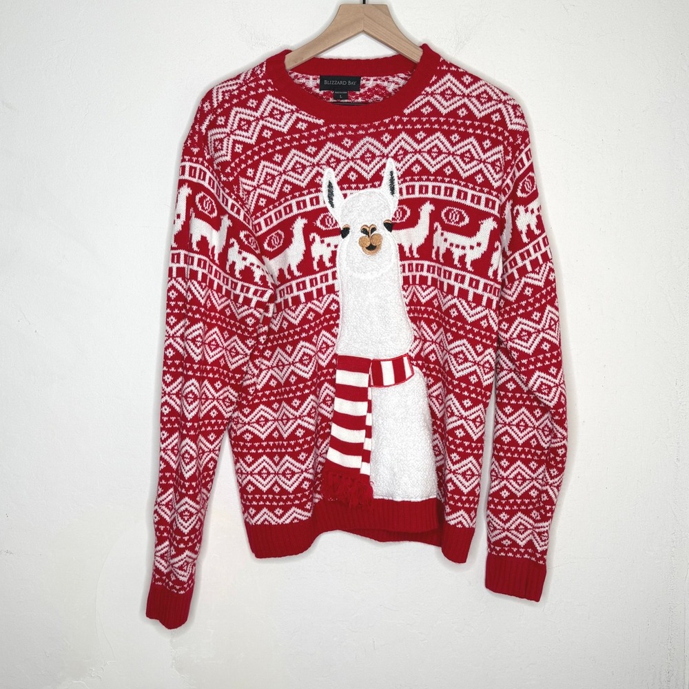 Blizzard Bay Ugly Christmas Sweater Size L Red Llama Fair Isle Festive Kitschy